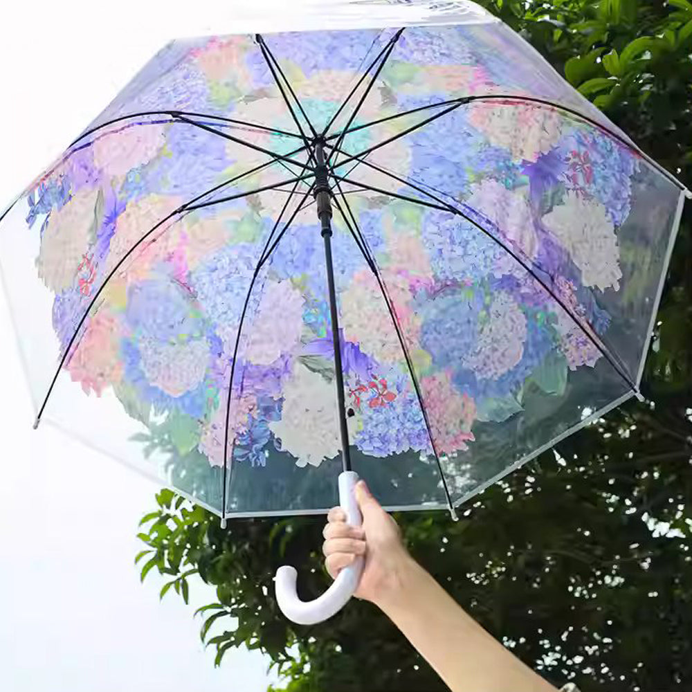 Little Surprise White Hydrangea Bunch Floral Print Translucent All-season Umbrella For Kids & Adults.