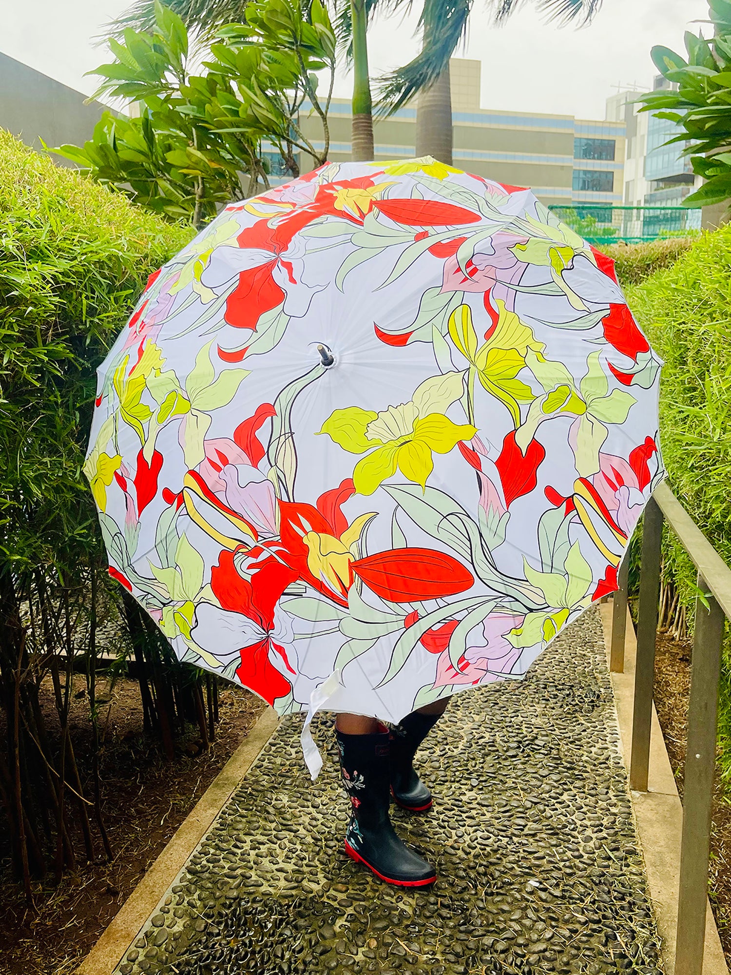 Little Surprise Box, Orange Floral theme Rain & All Season Umbrella for Teens And Adults