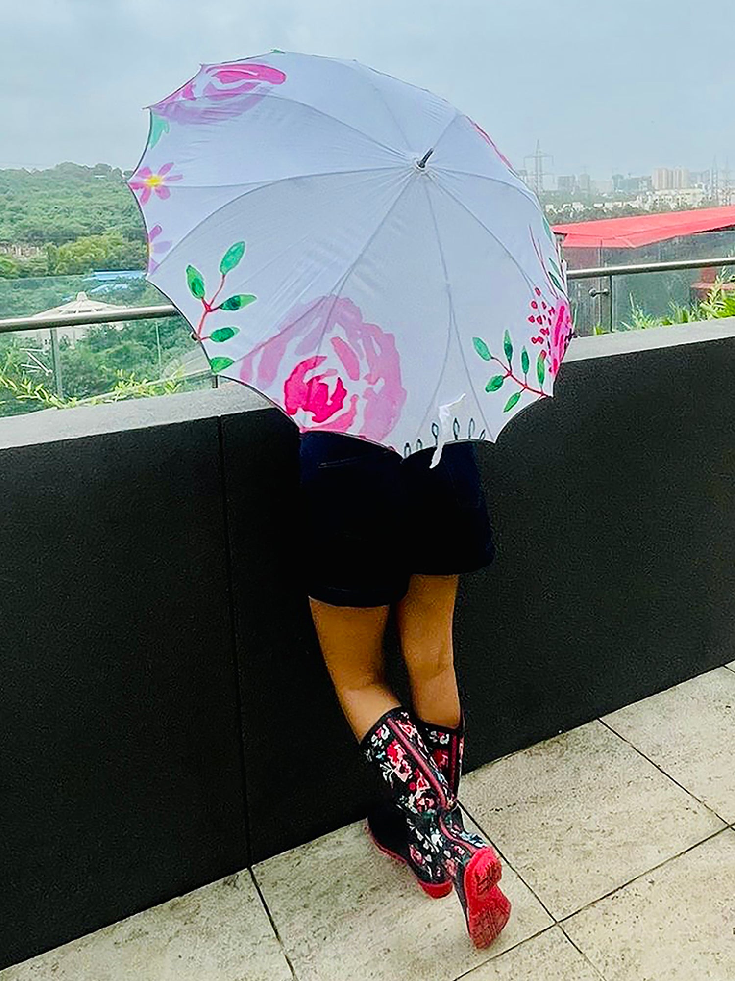 Little Surprise Box, Pink floral Paint Brush theme Rain & All Season Umbrella for Teens And Adults