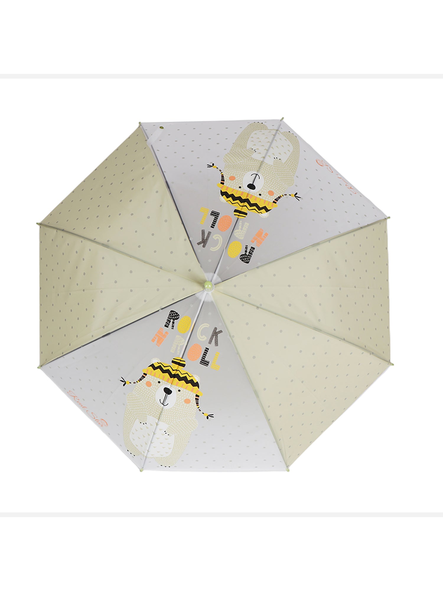 Little Surprise Box, Olive Green, Translucent Rock And Roll Kelly Jo Teddy Print With Polka Dots, Rain And All-Season Umbrella For Kids & Adults.