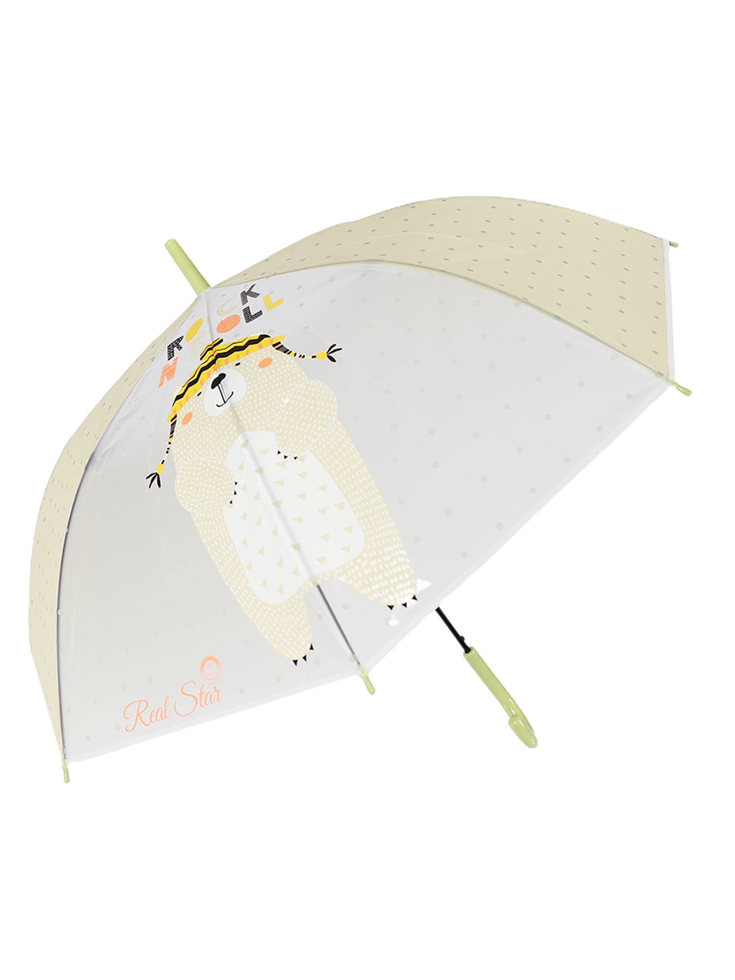 Little Surprise Box, Olive Green, Translucent Rock And Roll Kelly Jo Teddy Print With Polka Dots, Rain And All-Season Umbrella For Kids & Adults.