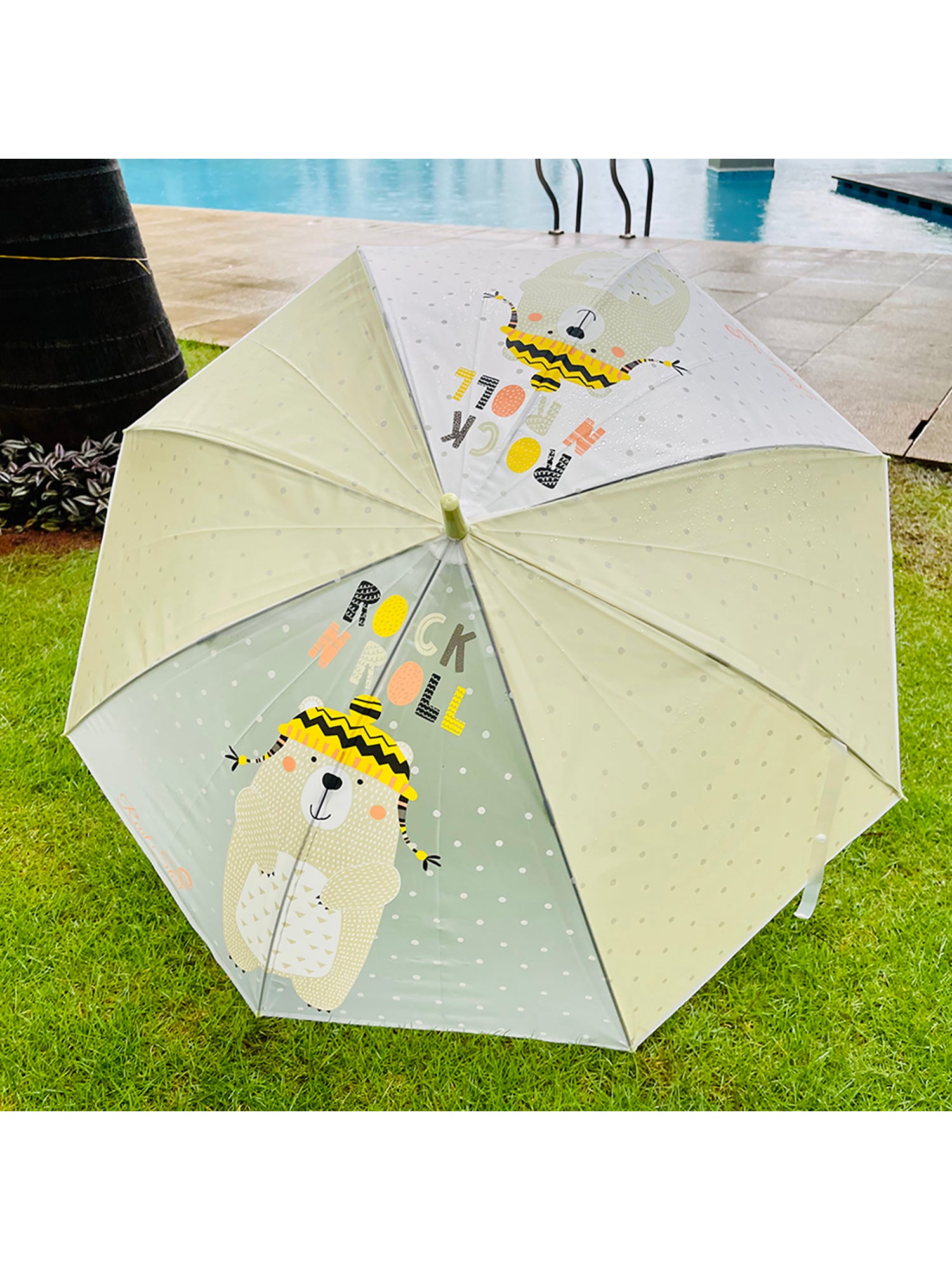 Little Surprise Box, Olive Green, Translucent Rock And Roll Kelly Jo Teddy Print With Polka Dots, Rain And All-Season Umbrella For Kids & Adults.
