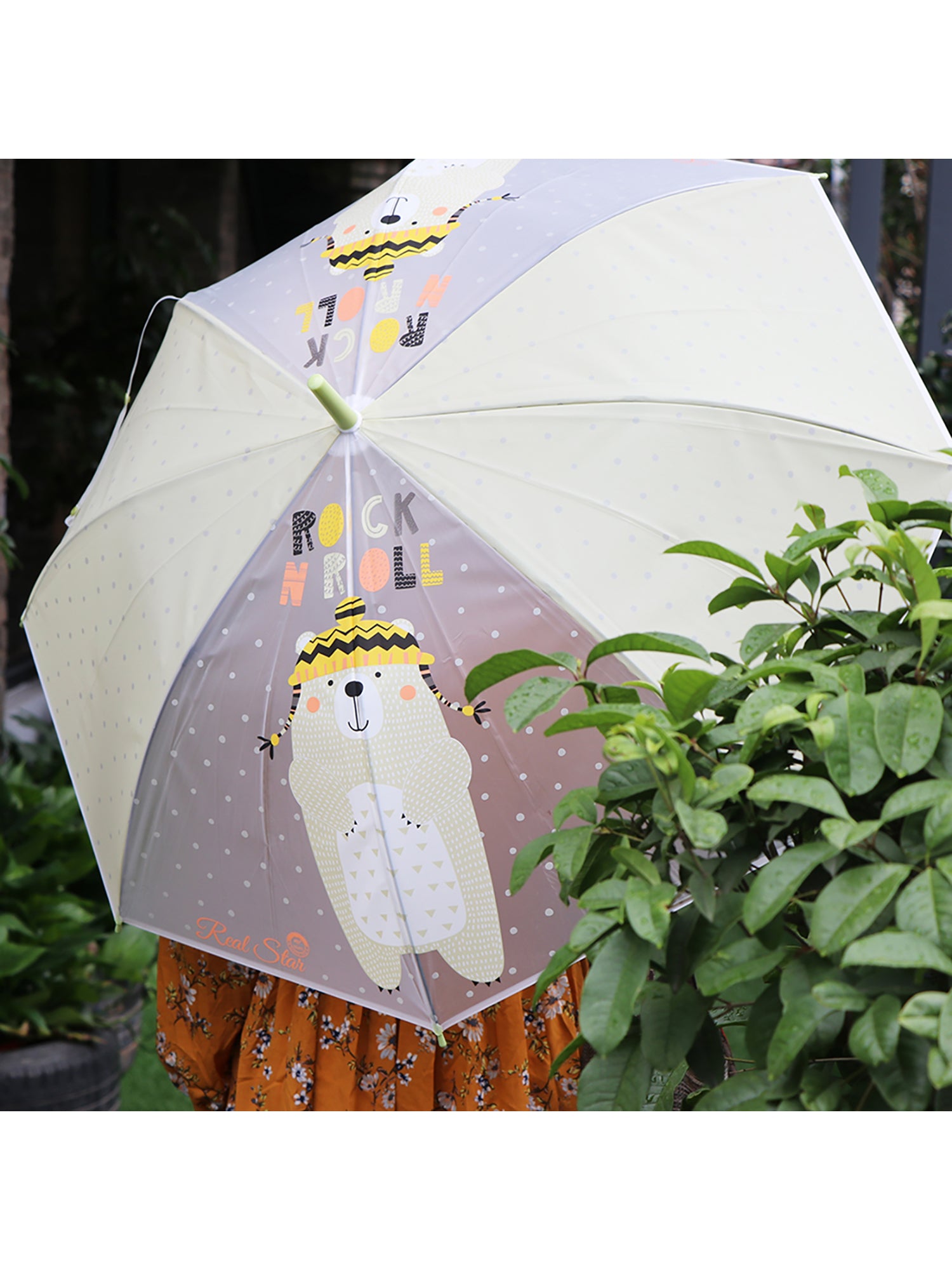 Little Surprise Box, Olive Green, Translucent Rock And Roll Kelly Jo Teddy Print With Polka Dots, Rain And All-Season Umbrella For Kids & Adults.