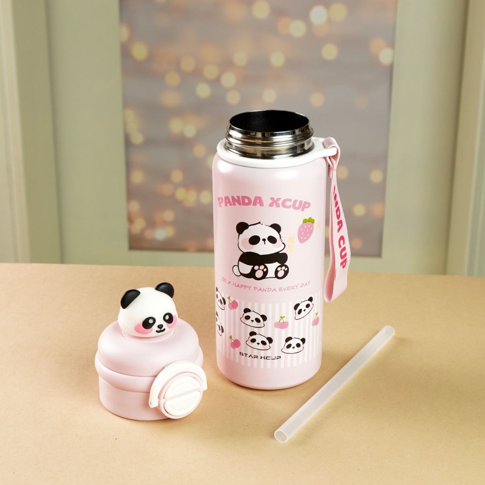 Pink Stripes 3d Panda Stainless Steel Kids Water Bottle, 550ml