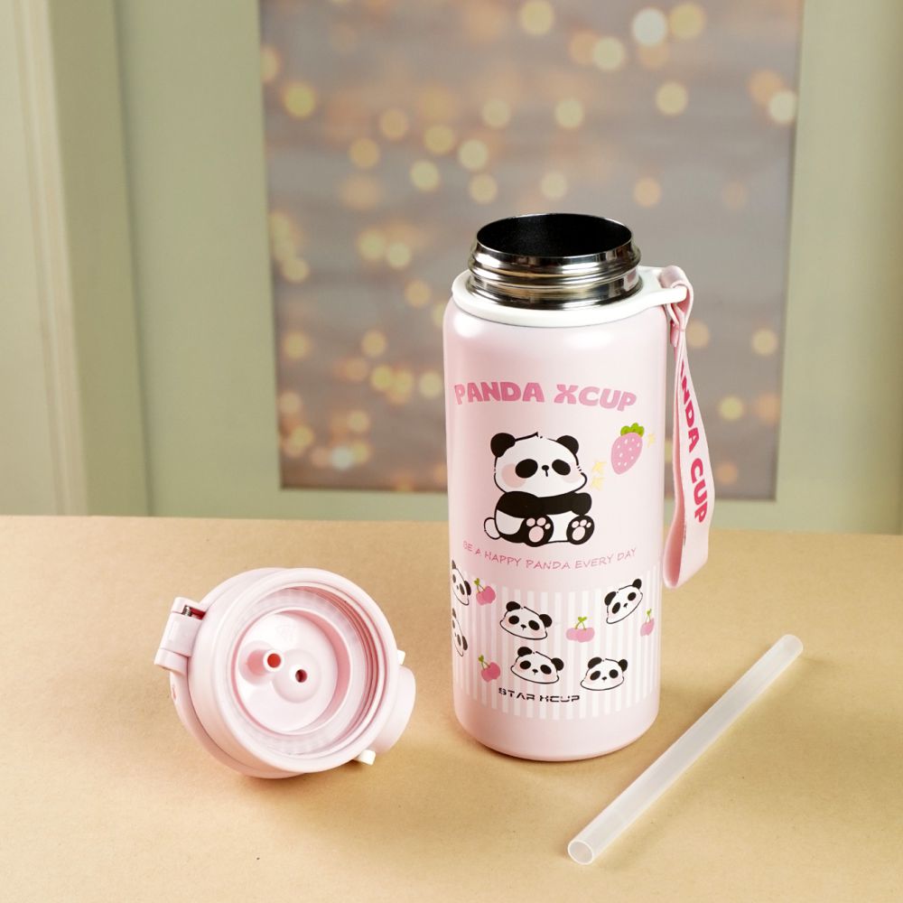 Pink Stripes 3d Panda Stainless Steel Kids Water Bottle, 550ml