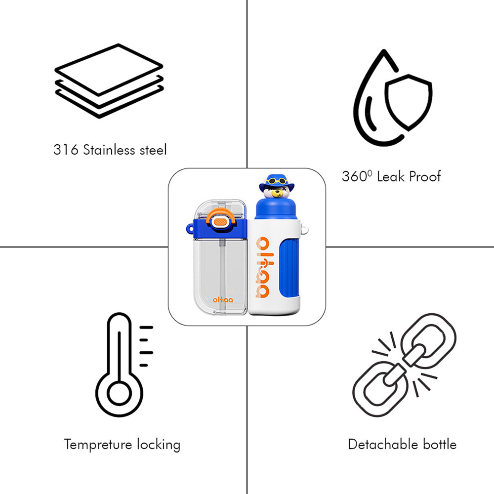 Little Surprise Box Double Tumbler Blue Bear Detachable Set Water Bottle, 400 Ml & 320Ml For Kids And Adults