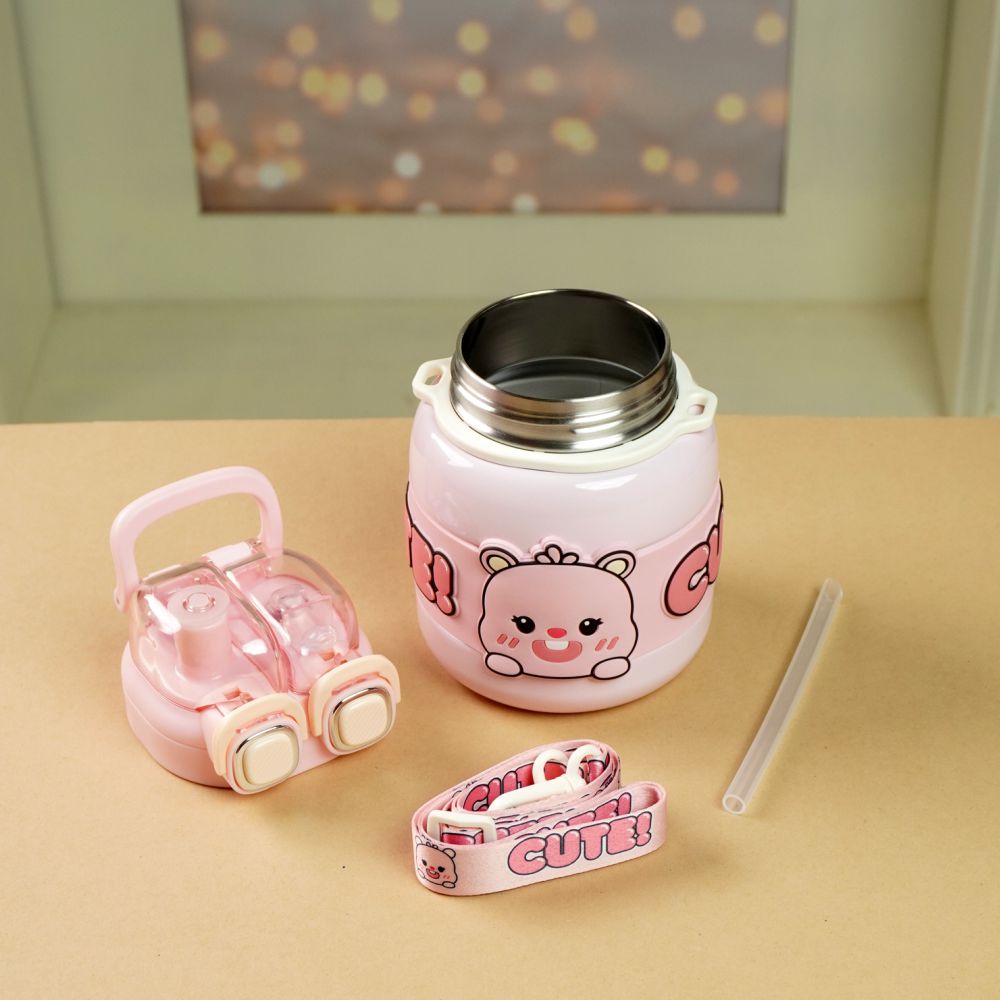 Pink Two way Lid Style Cartoon theme Stainless Steel Kids Water Bottle,660ml