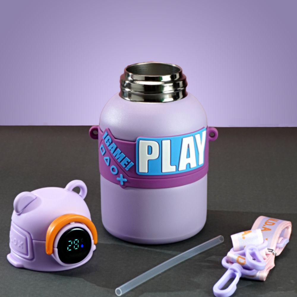 Little Surprise Box, Purple Game Theme tempertaure Controlled Stainless Steel Kids Water Bottle, 550ml