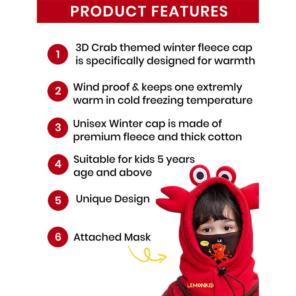Little Surprise Box 3dCrab Theme Fleece Winter Cap Covering Mouth, Neck And Head For Minus Degree Temperature, 5 Yrs And Above