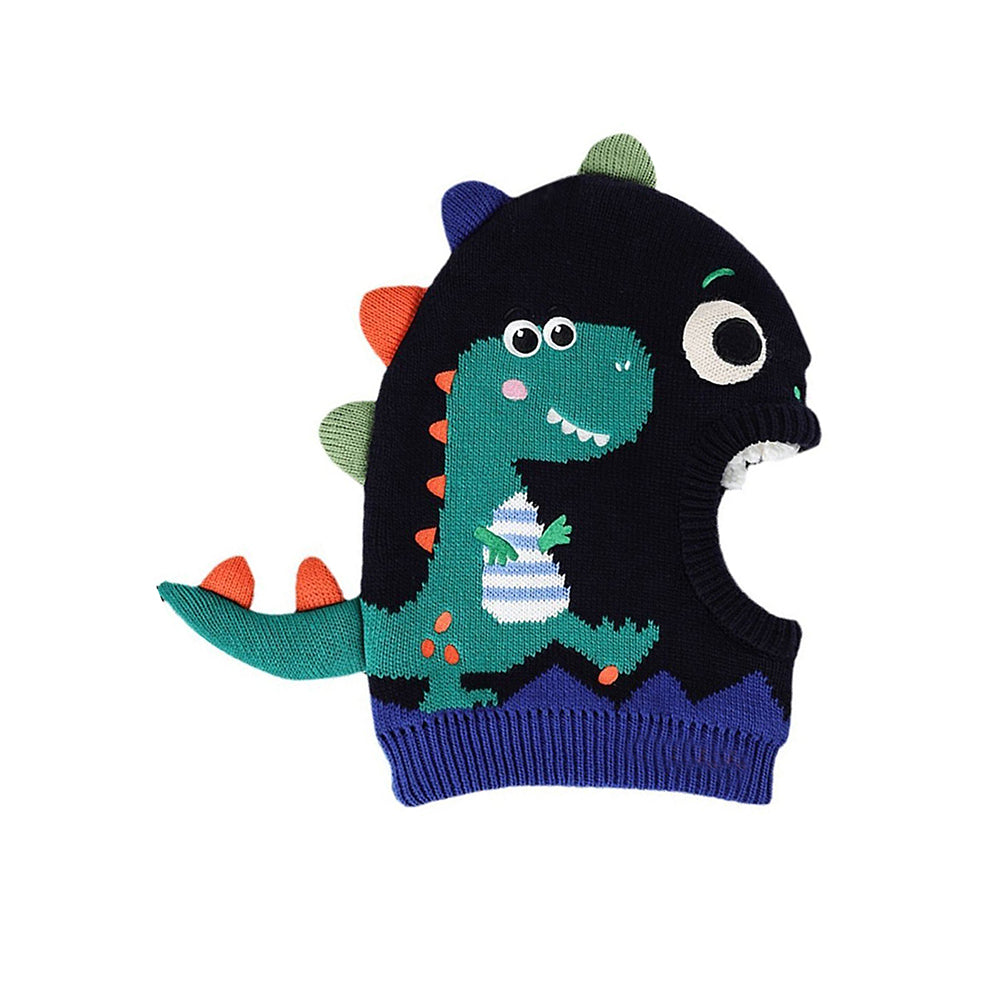 Little Surprise Box Knitted Blue Border Dino Theme Winter Cap Covering Neck , Ears And Head For Minus Degree Temperature, 5 yrs and above