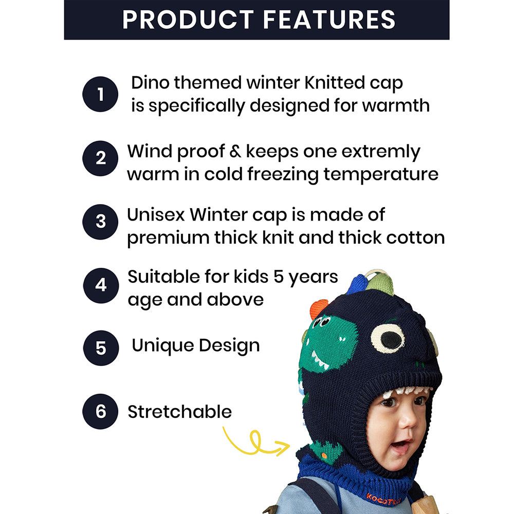 Little Surprise Box Knitted Blue Border Dino Theme Winter Cap Covering Neck , Ears And Head For Minus Degree Temperature, 5 yrs and above