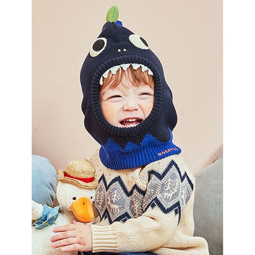 Little Surprise Box Knitted Blue Border Dino Theme Winter Cap Covering Neck , Ears And Head For Minus Degree Temperature, 5 yrs and above