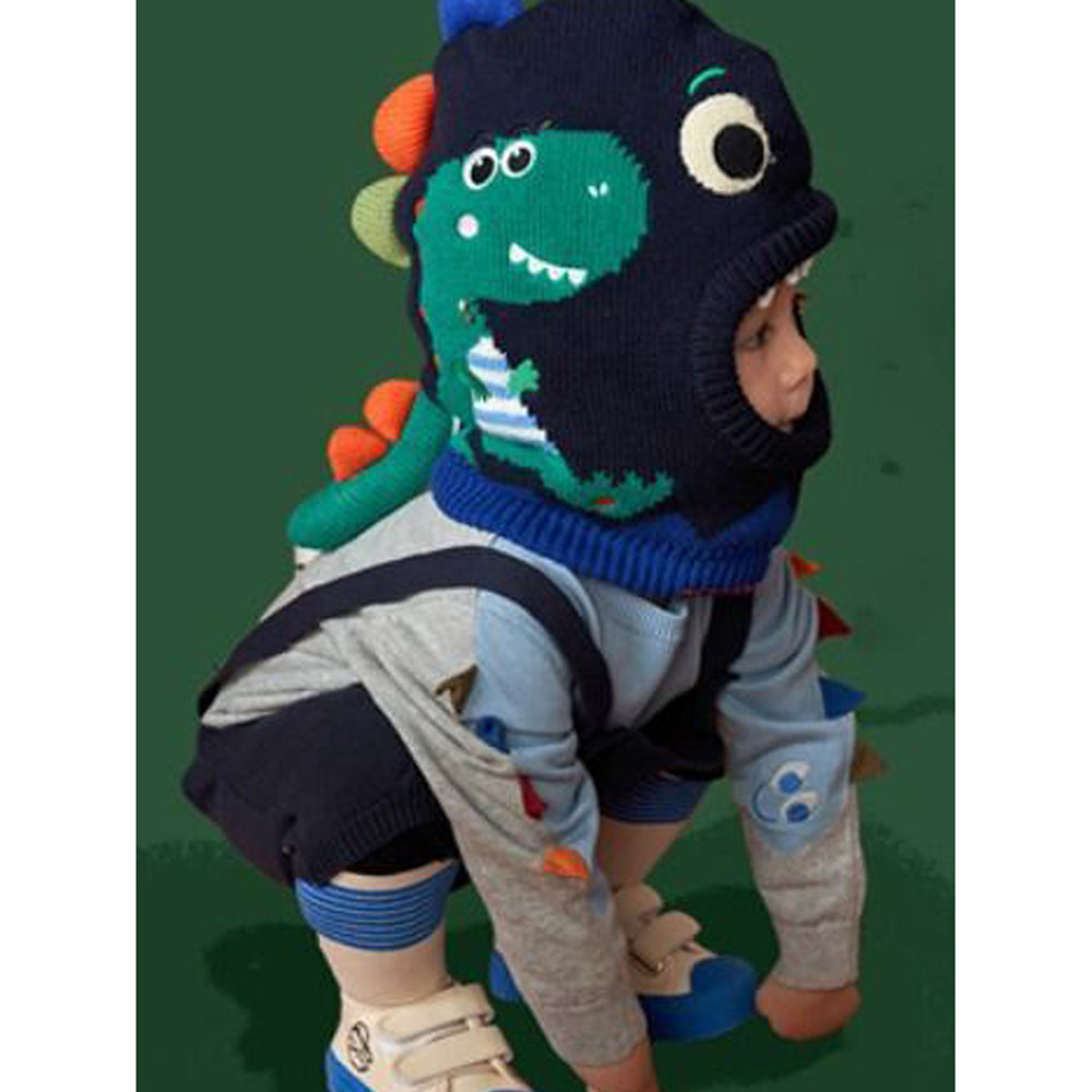 Little Surprise Box Knitted Blue Border Dino Theme Winter Cap Covering Neck , Ears And Head For Minus Degree Temperature, 5 yrs and above
