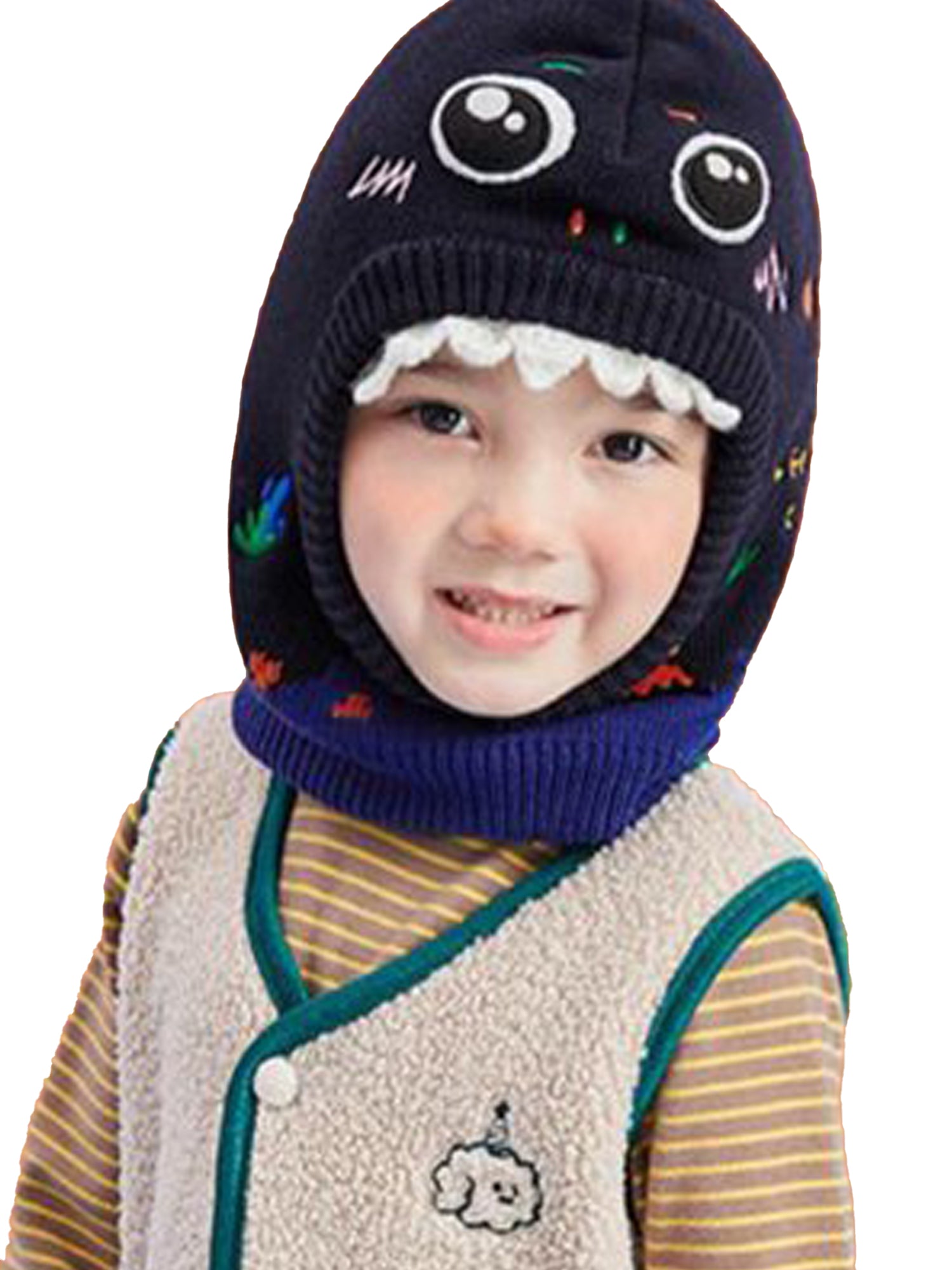 Little Surprise Box Knitted Blue Border Dino Theme Winter Cap Covering Neck , Ears And Head For Minus Degree Temperature, 5 yrs and above
