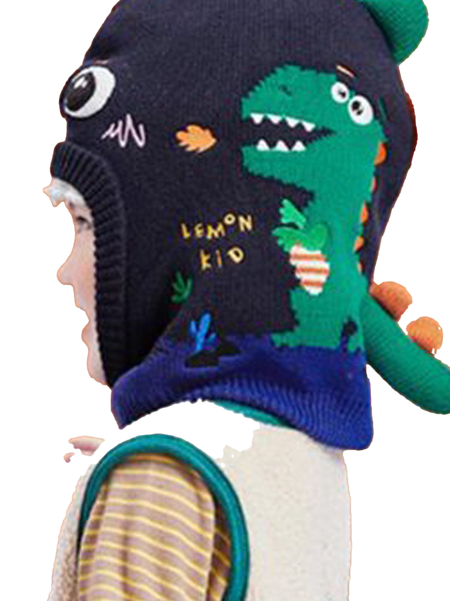 Little Surprise Box Knitted Blue Border Dino Theme Winter Cap Covering Neck , Ears And Head For Minus Degree Temperature, 5 yrs and above