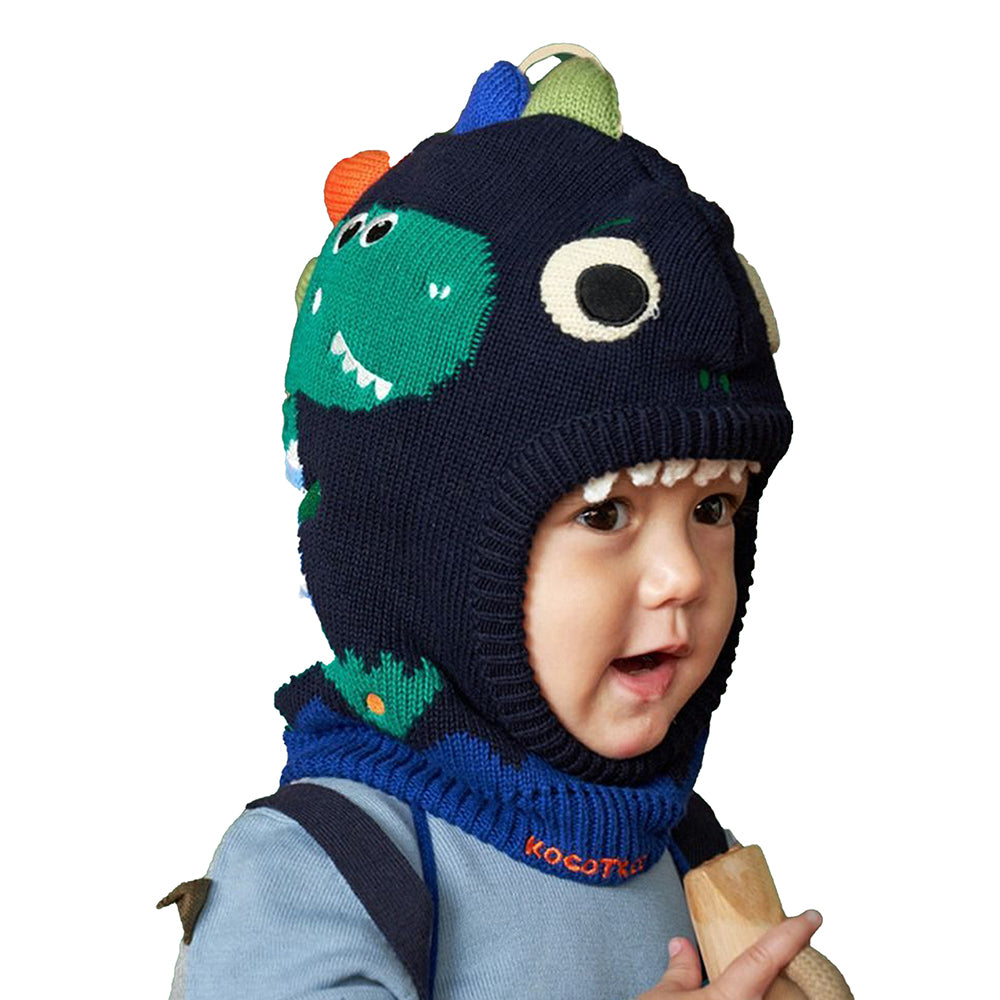 Little Surprise Box Knitted Blue Border Dino Theme Winter Cap Covering Neck , Ears And Head For Minus Degree Temperature, 5 yrs and above