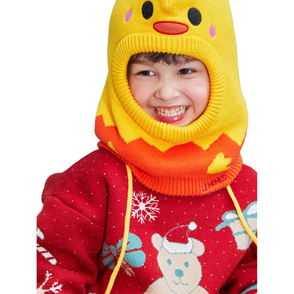 Little Surprise Box Knitted Yellow Duckling theme Winter Cap covering Neck , Ears and Head for Minus degree Temperature, 5 yrs and above