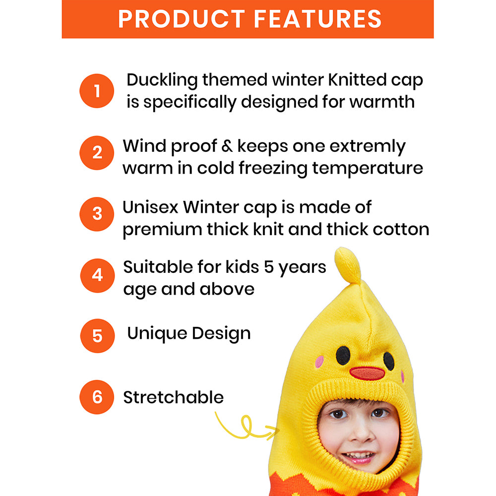 Little Surprise Box Knitted Yellow Duckling theme Winter Cap covering Neck , Ears and Head for Minus degree Temperature, 5 yrs and above