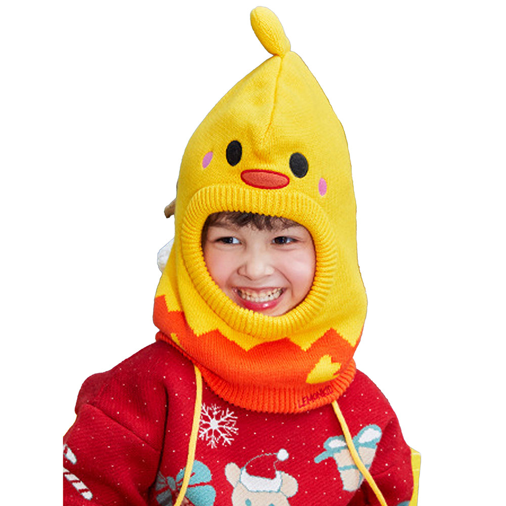 Little Surprise Box Knitted Yellow Duckling theme Winter Cap covering Neck , Ears and Head for Minus degree Temperature, 5 yrs and above