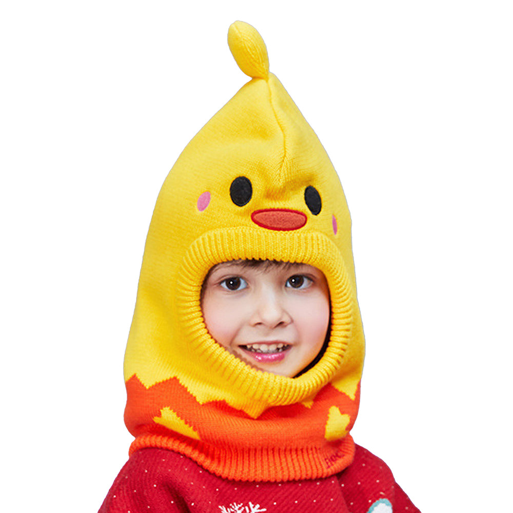 Little Surprise Box Knitted Yellow Duckling theme Winter Cap covering Neck , Ears and Head for Minus degree Temperature, 5 yrs and above