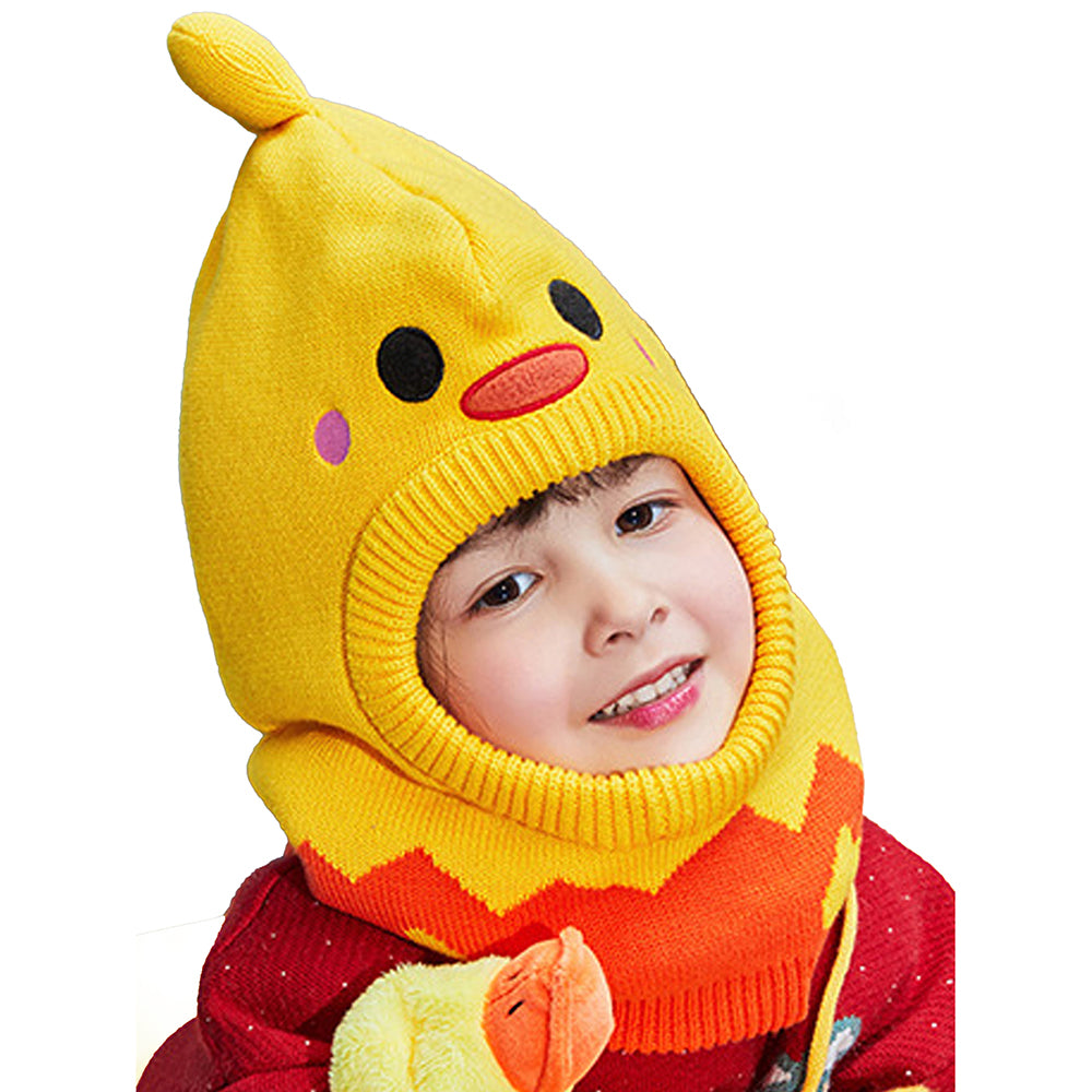 Little Surprise Box Knitted Yellow Duckling theme Winter Cap covering Neck , Ears and Head for Minus degree Temperature, 5 yrs and above