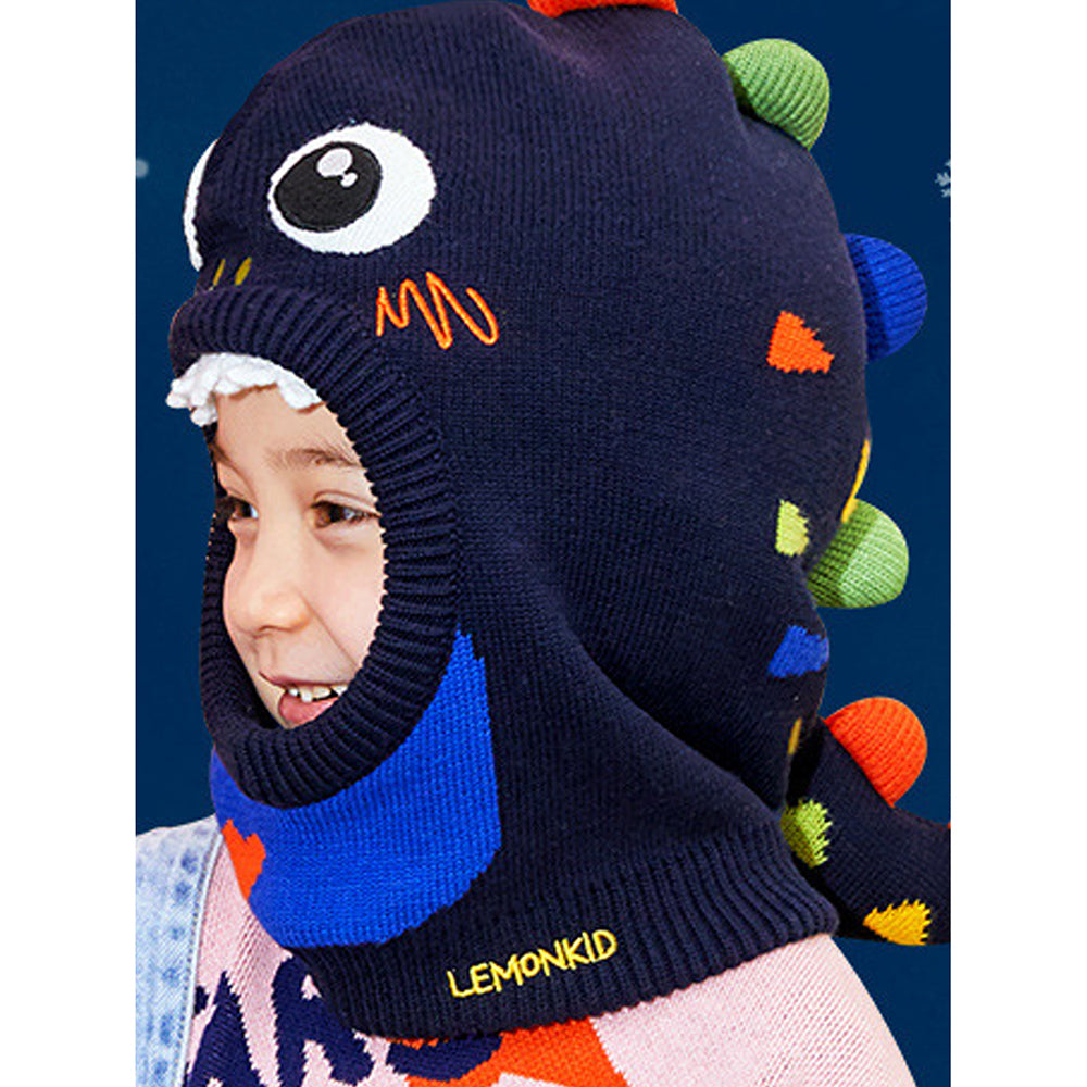 Little Surprise Box Knitted Dino Mini Heart themed Winter Cap Covering Neck , Ears And Head For Minus Degree Temperature, 5 Yrs And Above