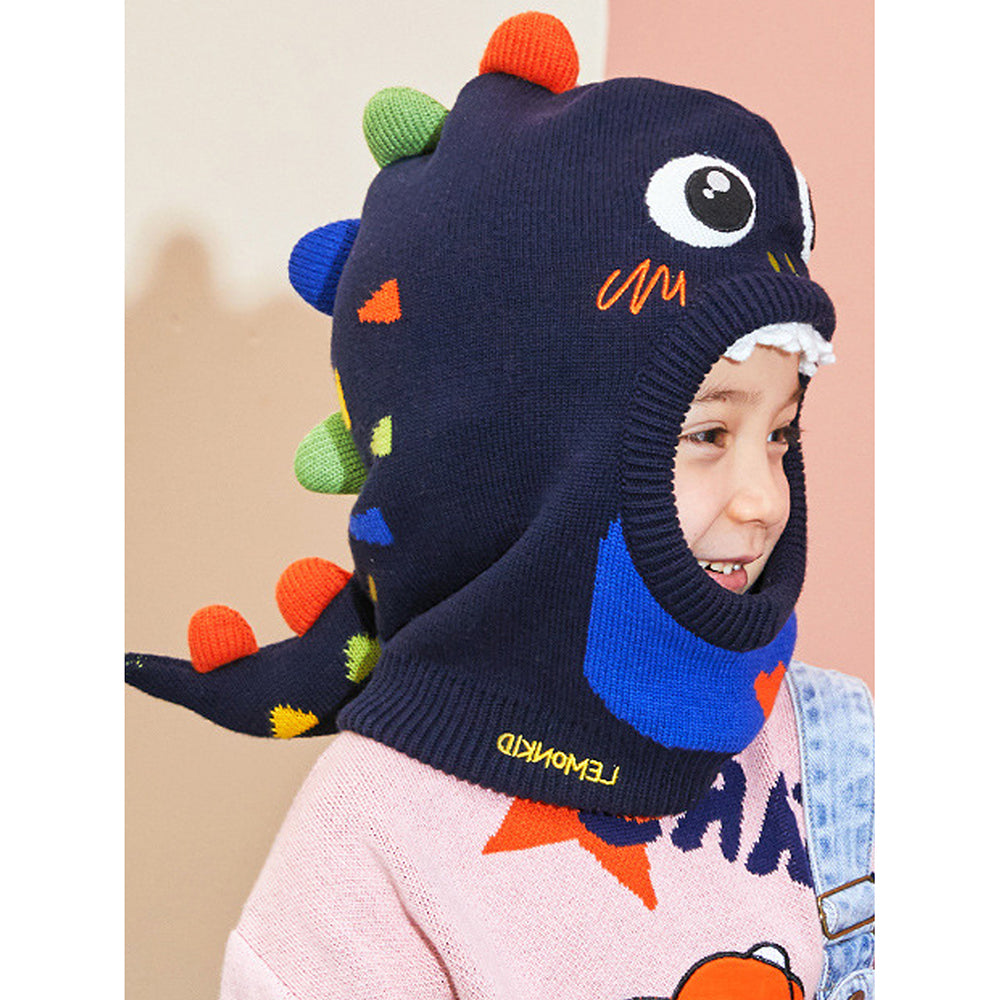 Little Surprise Box Knitted Dino Mini Heart themed Winter Cap Covering Neck , Ears And Head For Minus Degree Temperature, 5 Yrs And Above