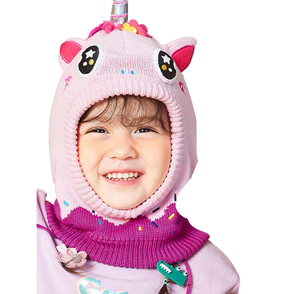 Little Surprise Box Knitted Pink Border Unicorn Theme Winter Cap Covering Neck , Ears and Head For Minus degree Temperature, 5 yrs and above