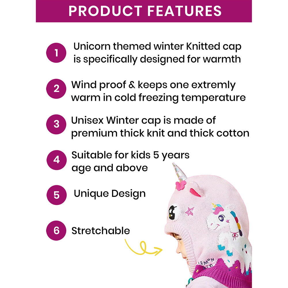 Little Surprise Box Knitted Pink Border Unicorn Theme Winter Cap Covering Neck , Ears and Head For Minus degree Temperature, 5 yrs and above
