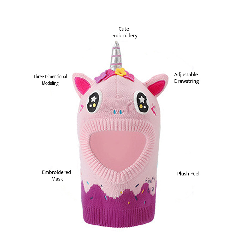 Little Surprise Box Knitted Pink Border Unicorn Theme Winter Cap Covering Neck , Ears and Head For Minus degree Temperature, 5 yrs and above