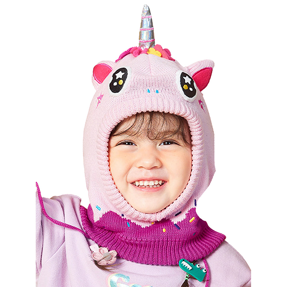 Little Surprise Box Knitted Pink Border Unicorn Theme Winter Cap Covering Neck , Ears and Head For Minus degree Temperature, 5 yrs and above