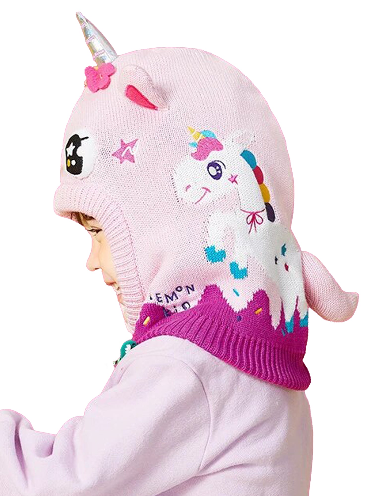 Little Surprise Box Knitted Pink Border Unicorn Theme Winter Cap Covering Neck , Ears and Head For Minus degree Temperature, 5 yrs and above