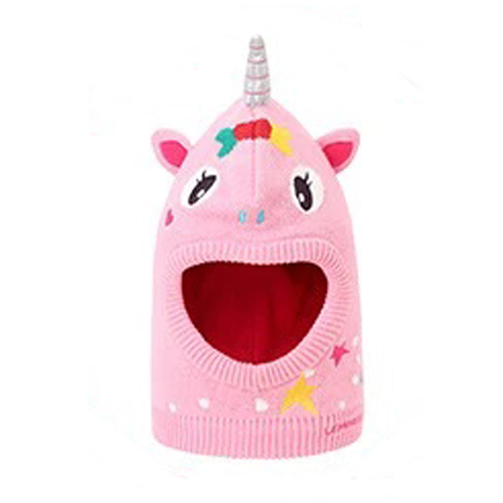 Little Surprise Box Knitted Pink Star Unicorn Theme Winter Cap Covering Neck , Ears And Head For Minus Degree Temperature, 5 yrs And Above