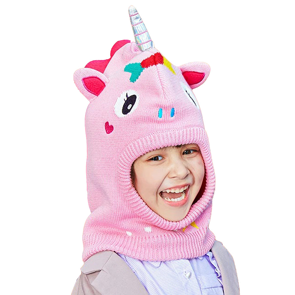 Little Surprise Box Knitted Pink Star Unicorn Theme Winter Cap Covering Neck , Ears And Head For Minus Degree Temperature, 5 yrs And Above