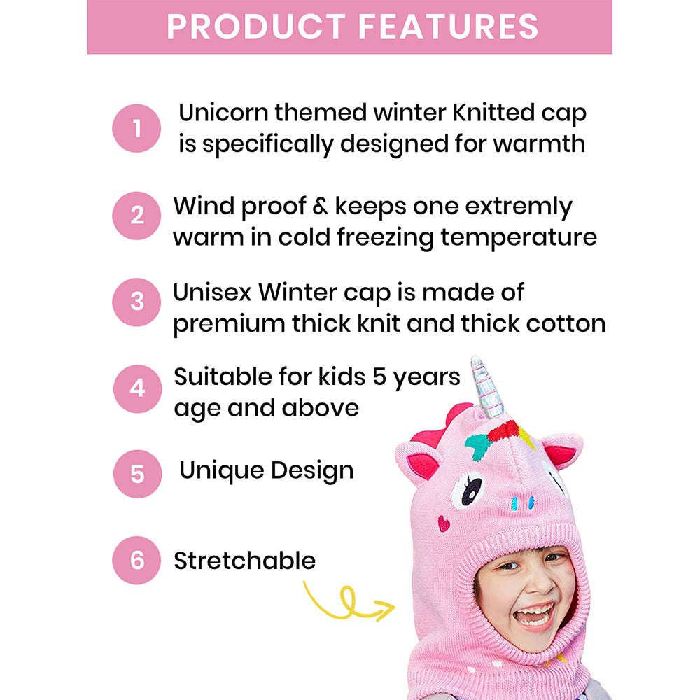 Little Surprise Box Knitted Pink Star Unicorn Theme Winter Cap Covering Neck , Ears And Head For Minus Degree Temperature, 5 yrs And Above