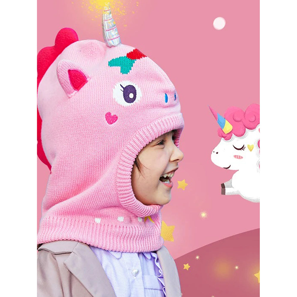 Little Surprise Box Knitted Pink Star Unicorn Theme Winter Cap Covering Neck , Ears And Head For Minus Degree Temperature, 5 yrs And Above