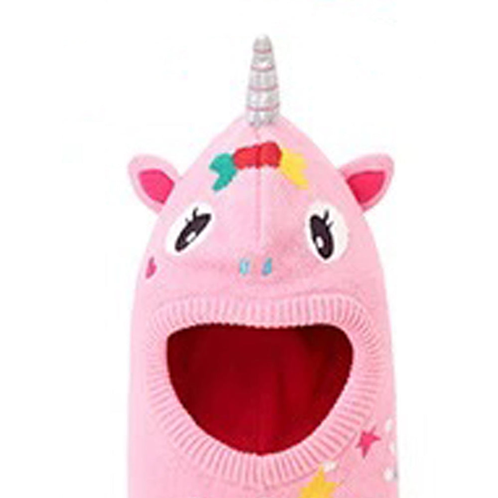 Little Surprise Box Knitted Pink Star Unicorn Theme Winter Cap Covering Neck , Ears And Head For Minus Degree Temperature, 5 yrs And Above