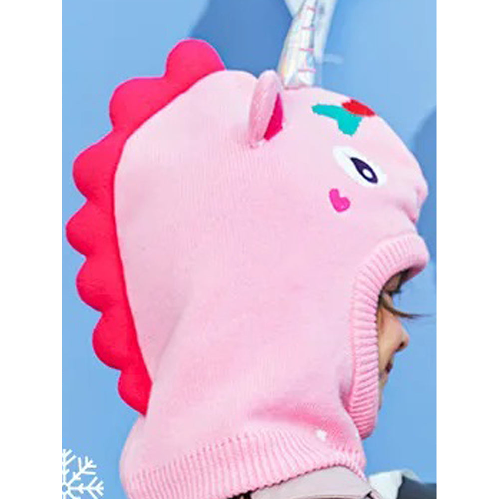 Little Surprise Box Knitted Pink Star Unicorn Theme Winter Cap Covering Neck , Ears And Head For Minus Degree Temperature, 5 yrs And Above