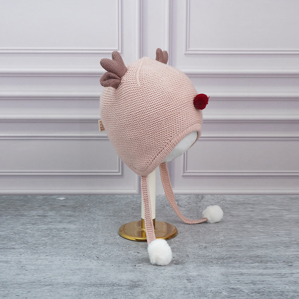 Little Surprise Box Peach Baby Antler Knitted Soft Woolen Winter Cap With Tie Up 6-18 Months