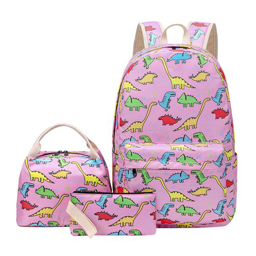 Dino Park 3 Pcs Matching Backpack With Lunch Bag & Stationery Pouch, Pink