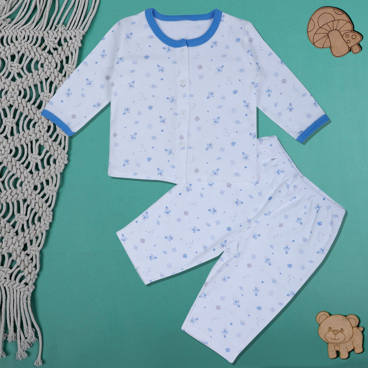 Baby Moo Space Mission Soft Cotton Full Sleeves Top And Pyjama 2pcs Night Suit - Blue - Baby Moo