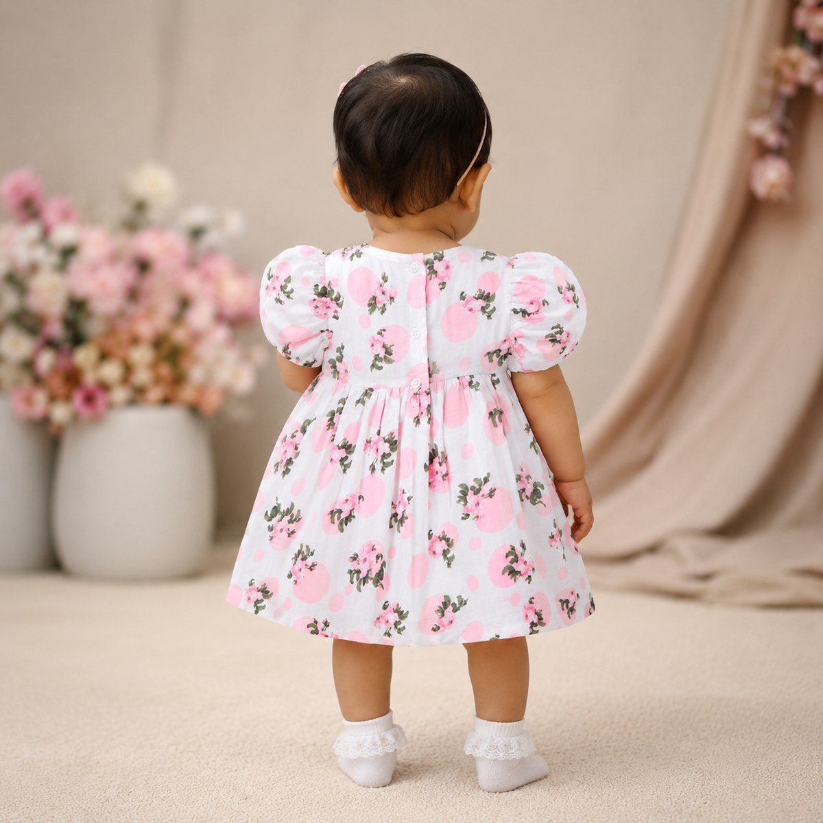 Blossom Tea Rose Puff Sleeves Muslin Dress - White
