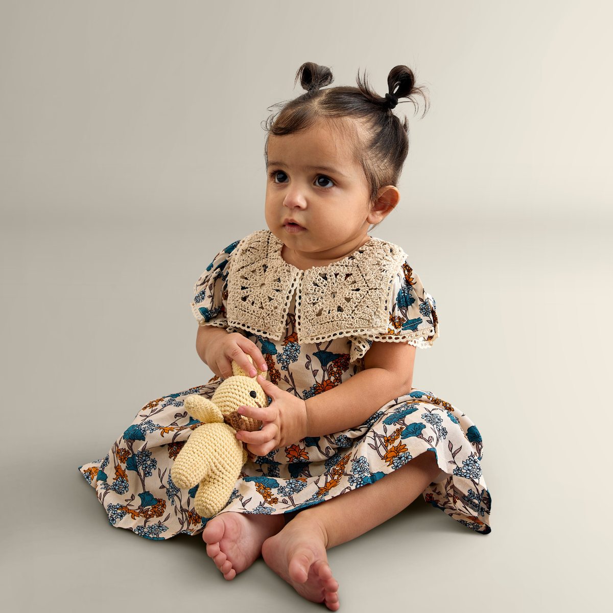Willow Frill Sleeves Dress With Crochet Lace - Beige