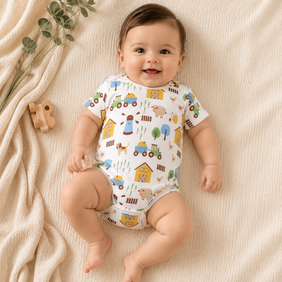 Baby Boy Barnyard Print Half Sleeves Onesie - White