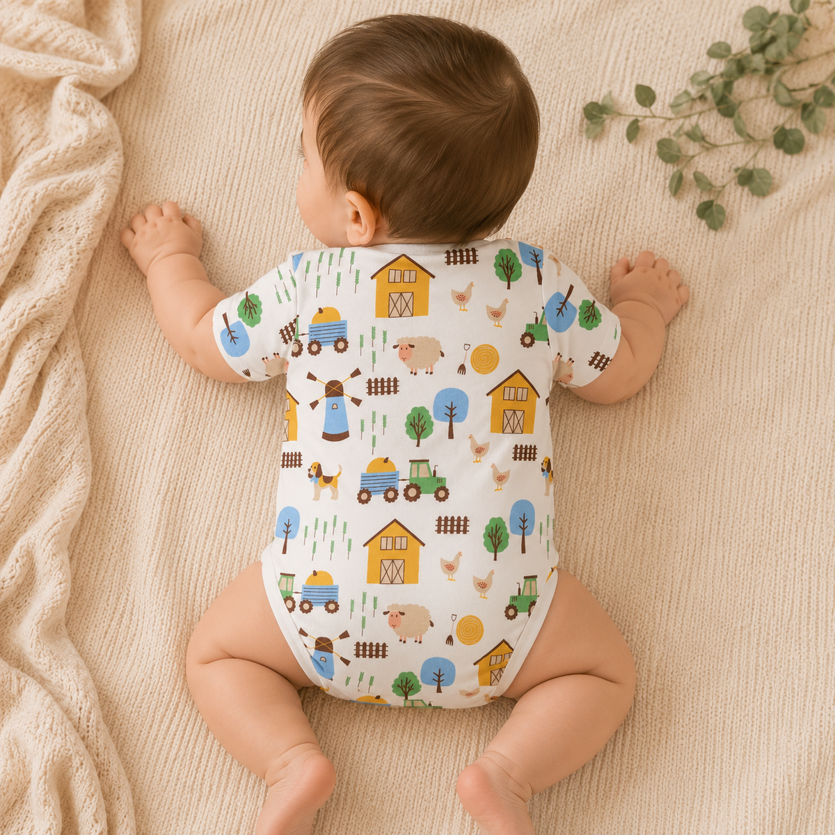 Baby Boy Barnyard Print Half Sleeves Onesie - White