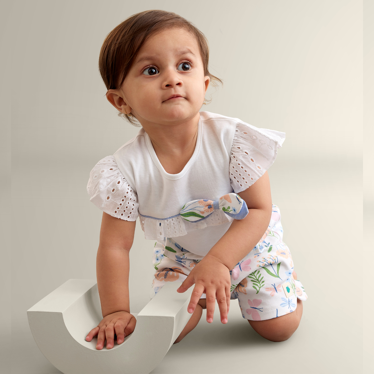 My Milestones Bio-Wash Eyelet Detail Short Sleeves Tee with Shorts in Enchanted Flora Print - White