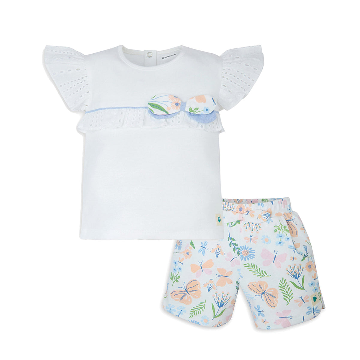 My Milestones Bio-Wash Eyelet Detail Short Sleeves Tee with Shorts in Enchanted Flora Print - White