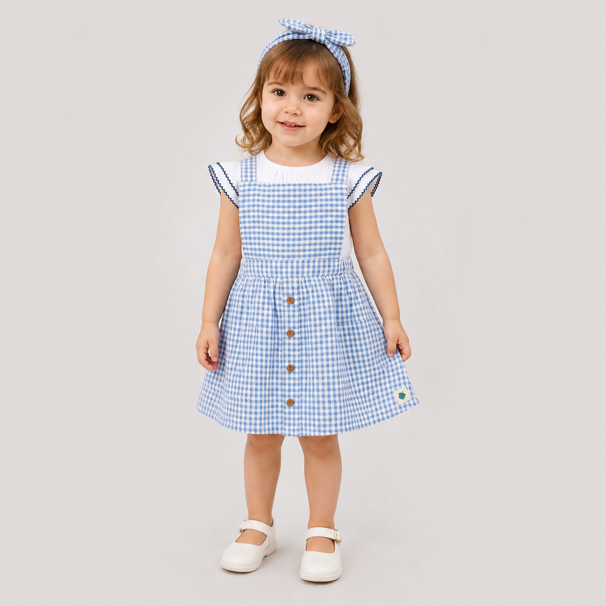 Meadow 100% Cotton Gingham Seersucker Dungaree with Knit Embroidered Tee & Peako Detail, Matching Hairband 3 PC Set - Blue & White