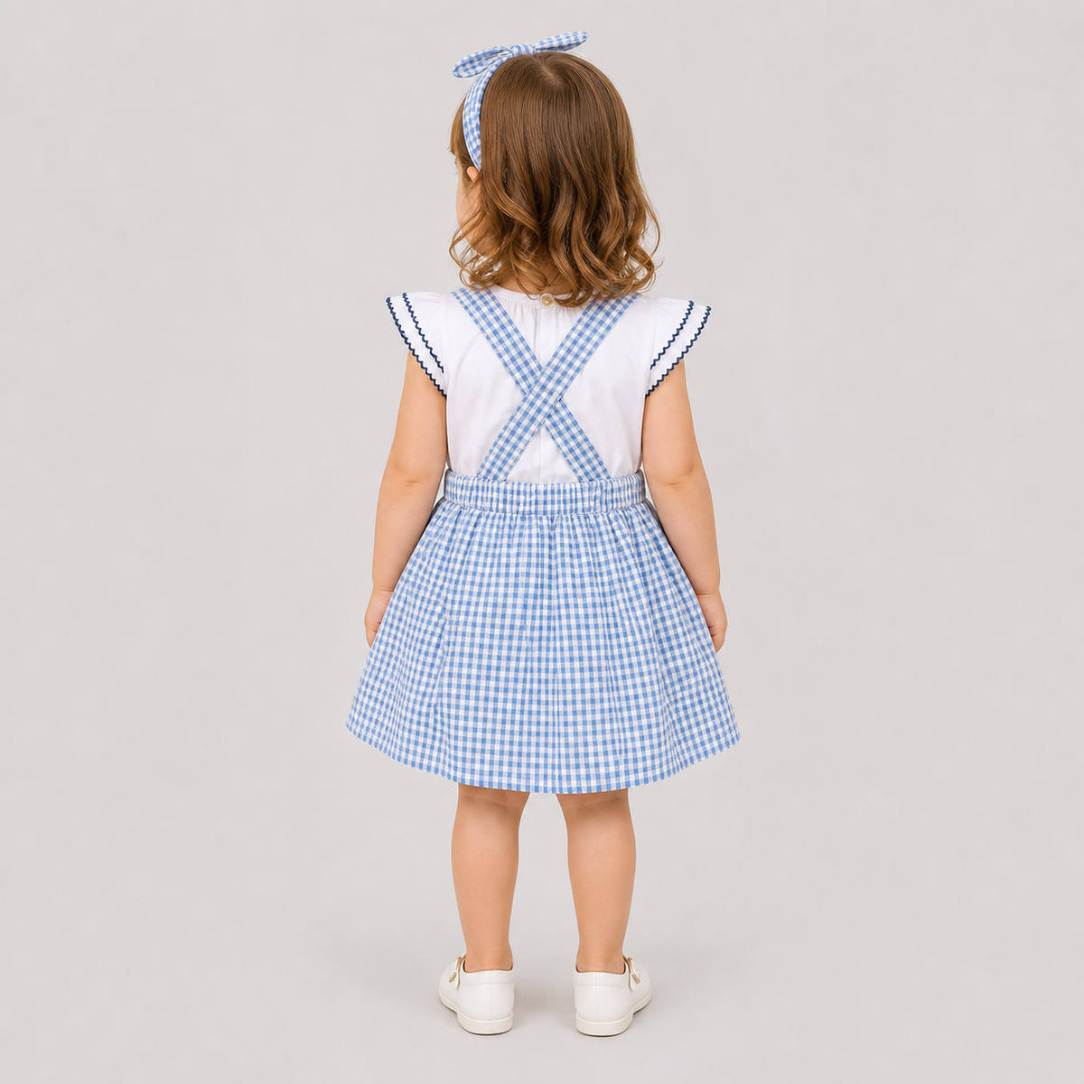 Meadow 100% Cotton Gingham Seersucker Dungaree with Knit Embroidered Tee & Peako Detail, Matching Hairband 3 PC Set - Blue & White