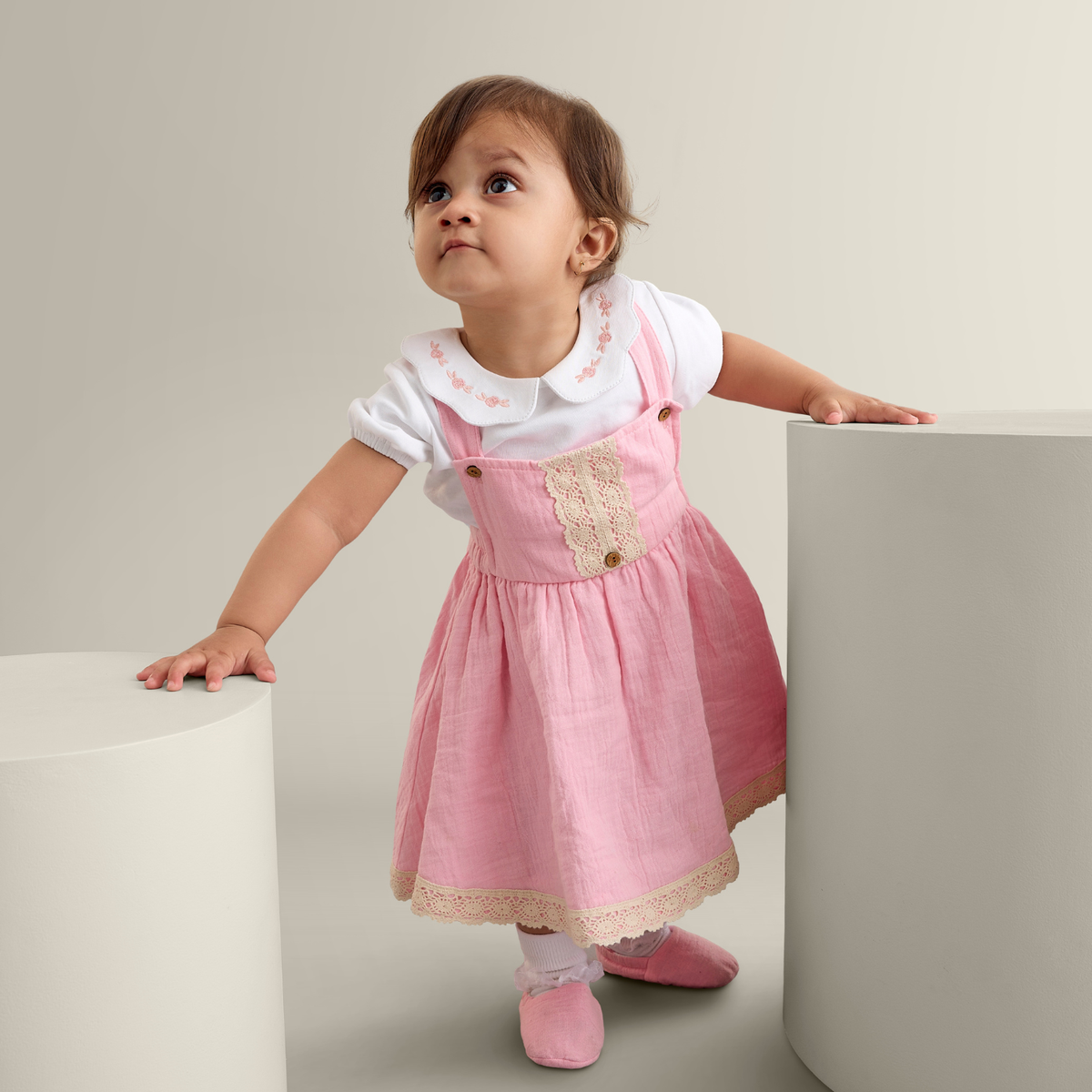 My Milestones Baby Girl Chloé Dungaree Dress With Crochet Details And Embroidered Tee - White & Pink
